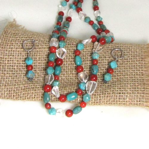 Double-strand Turquoise Nugget Necklace and Earrings -