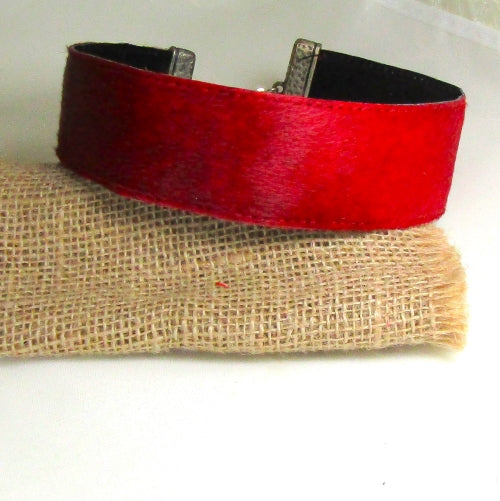 Red Genuine Leather Ribbon Choker Necklace Extra Wide
