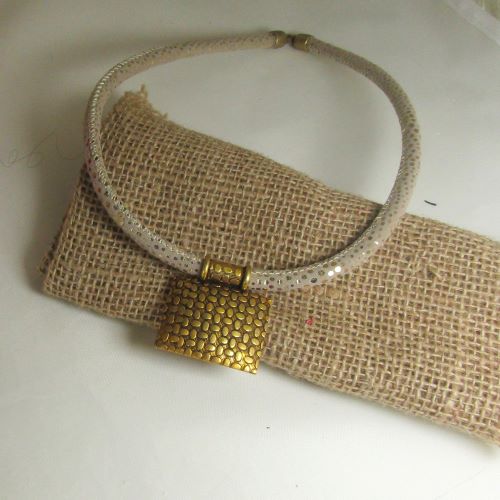 Gold Square Pendant on Beige Leather Necklace 