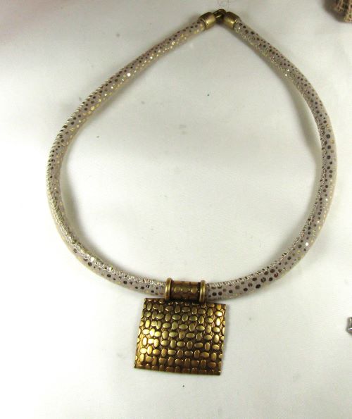 Gold Square Pendant on Beige Leather Necklace