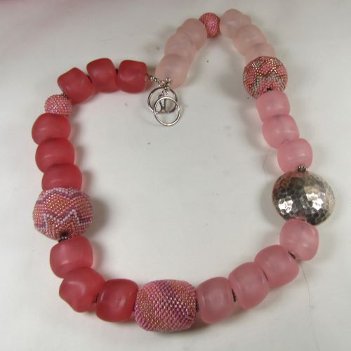 Big Bold Pink Necklace with Exotic Handmade Seed Bead Accents