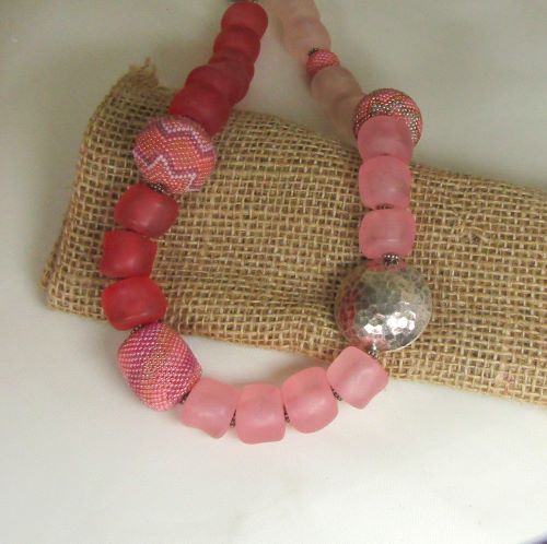 shades of pink big nugget and handmade bead necklace