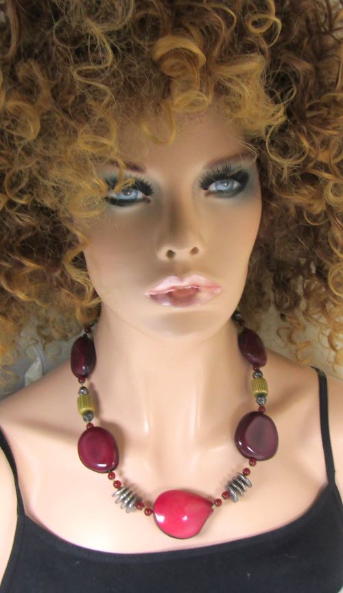 Chunky Tagua Nut Necklace in Maroon Olive and Hot Pink Beads