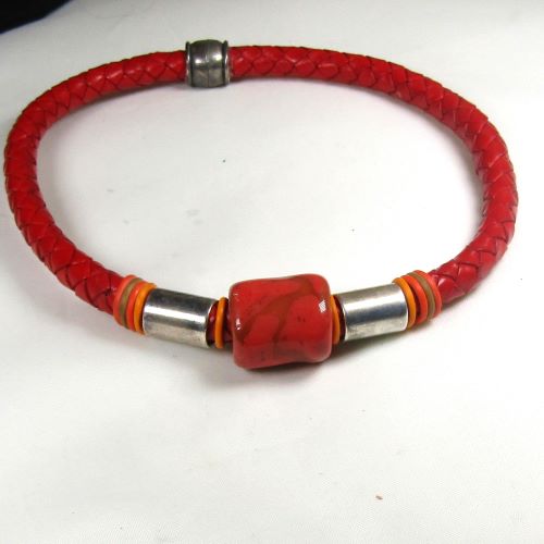 Kazuri Bead Red Braided Leather Choker Necklace