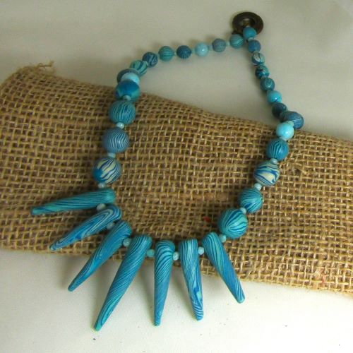 Artisan Handmade Necklace Aqua Swirled Beads -