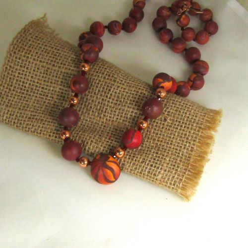 Artisan Beaded Necklace in Rose & Brown Swirled Handmade Bead