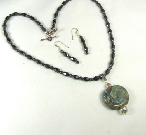 Hematite & Handmade Artisan Pendant Necklace & Earrings