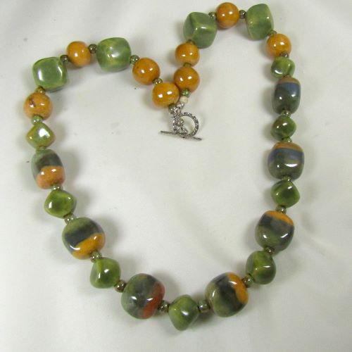 Fair Trade Bead Green & Mustard Cube Kazuri Necklace