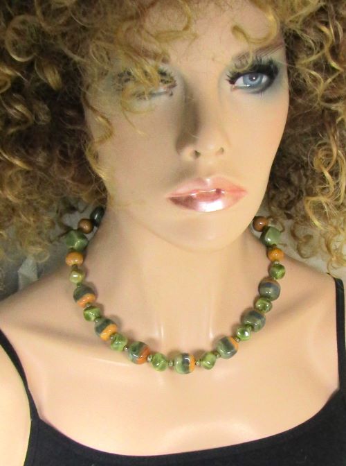 Fair Trade Bead Green & Mustard Cube Kazuri Necklace