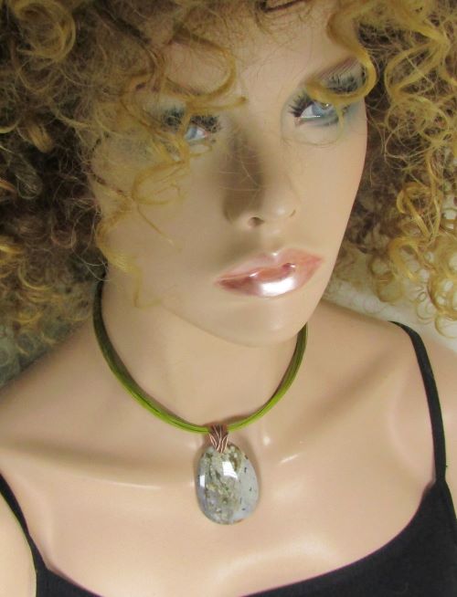 Jasper Ocean Gemstone Pendant on Green Mult-strand Necklace