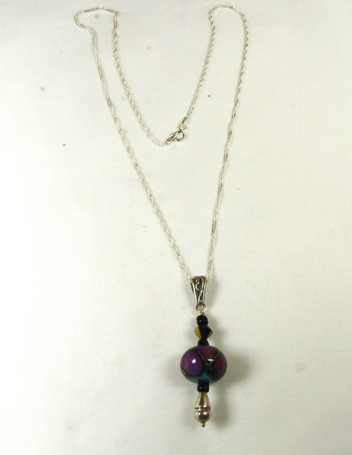 Purple & Black Handmade Artisan Bead Pendant Necklace