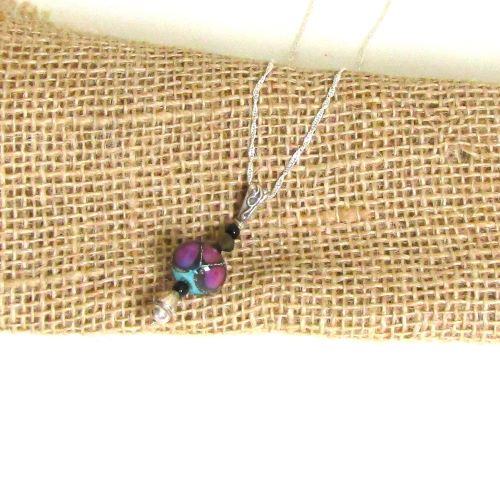 Purple & Black Handmade Artisan Bead Pendant on Silver Chain - 