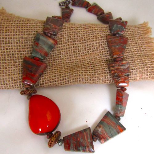 Handcrafted jasper gemstone with eco-friendly tagua nut & copper necklace