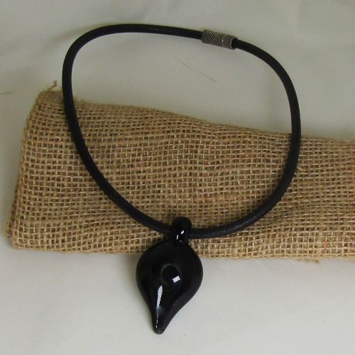 One Of A Kind Black Handmade Pendant on Leather Necklace -