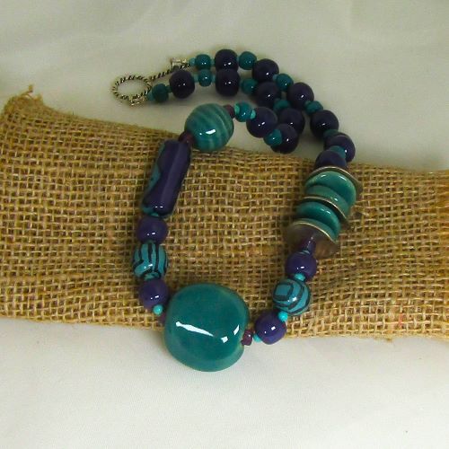 Handmade fair trade bead kazuri neck wear in turquoise & purple