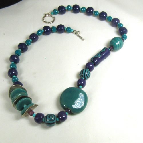 Peacock and Purple Kazuri Necklace Fair Trade Beads