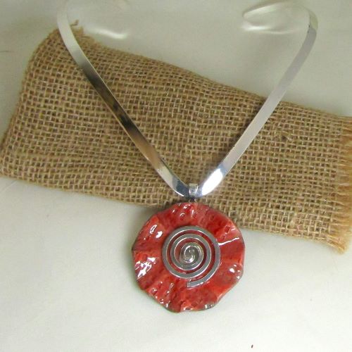 Silver Choker with Handmade Coral Red Raku Pendant & Spiral Bail 