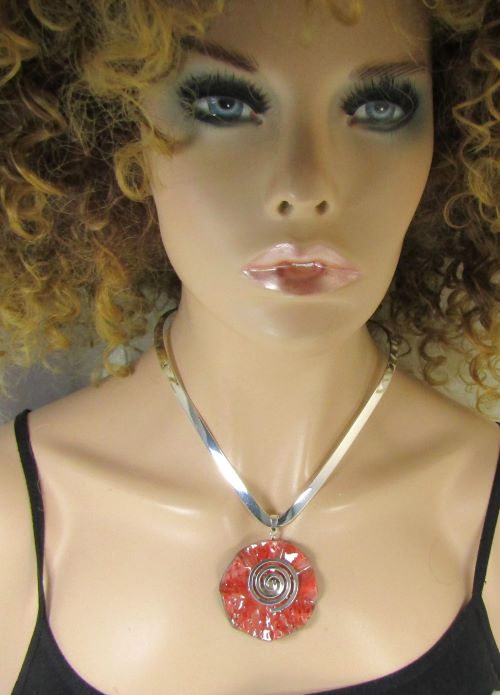 Silver Choker with Handmade Big Red Raku Pendant & Spiral Bail