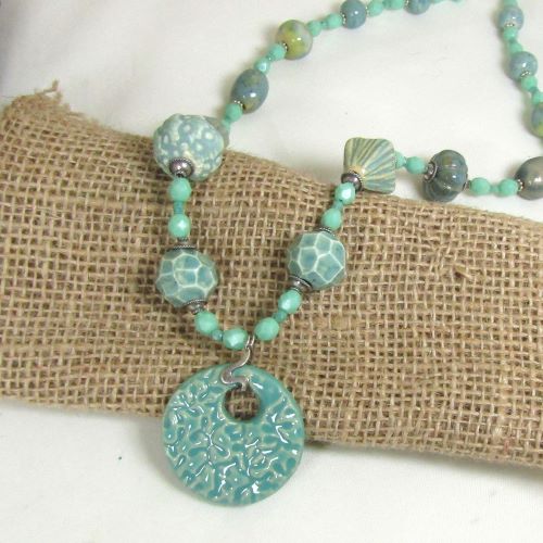 Aqua Handmade Ceramic Necklace with Swazi Pendant