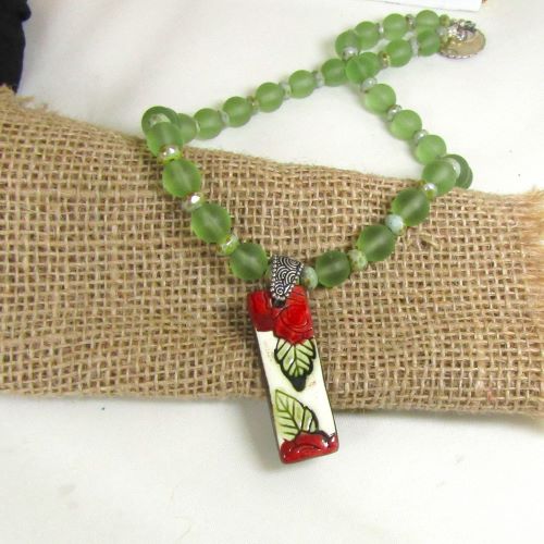 Green Sea Glass Necklace with Handmade  Pendant