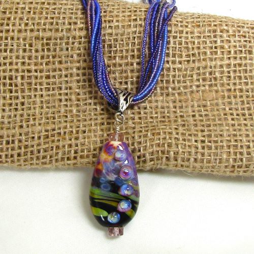 Purple Multi-strand Necklace with Handmade Artisan Pendant 