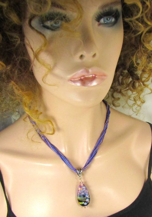 Purple Multi-strand Necklace with Handmade Artisan Pendant