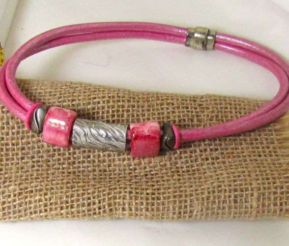 Pink Leather Choker Necklace -