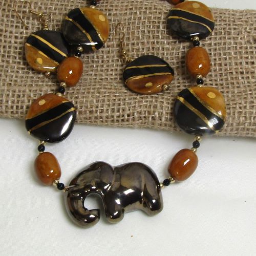 Buy black Kazuri Fair trade  elephant necklace & earrings online