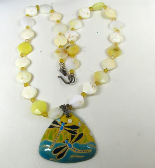 Big Bold Necklace in African Opal with Hand Painted Dragonfly Pendant