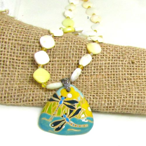 Big Bold Necklace in African Opal with Hand Painted Dragonfly Pendan