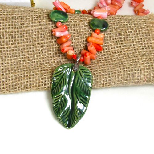 Kazuri Green Leaf Pendant on Peachy Pink Bead Necklace 