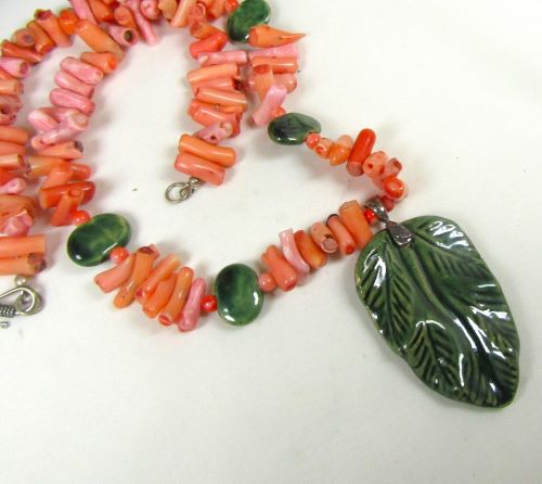Kazuri Green Leaf Pendant on Peachy Pink Bead Necklace