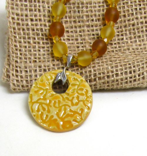 Yellow Beach Glass Bead Necklace with Handmade Pendant -