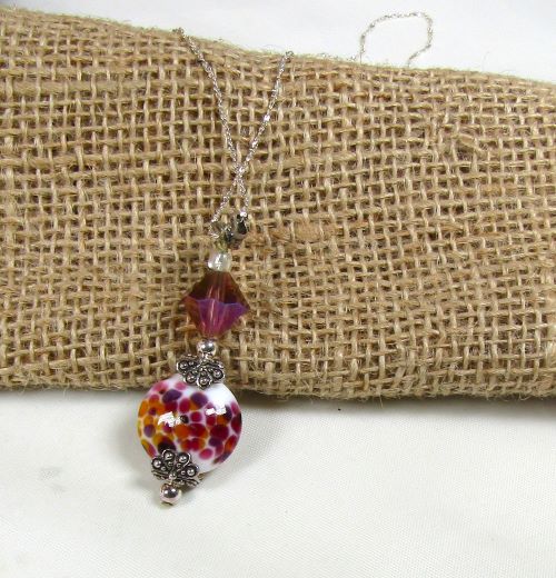 Purple and White Artisan Bead and Crystal Pendant Necklace