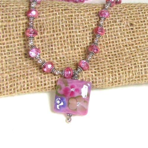 Handmade Pink Artisan Bead Pendant Necklace -