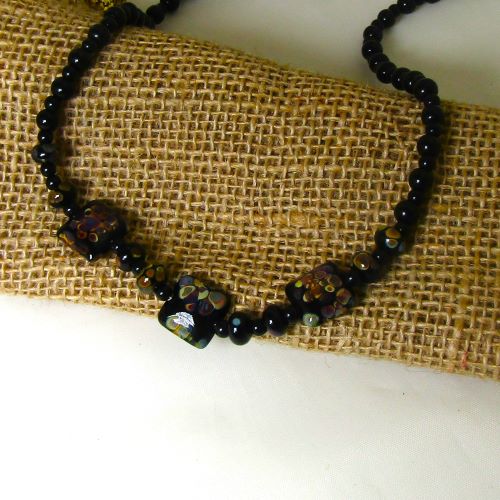 Black Handmade Artisan Raku Pillow & Black Onyx Bead Necklace