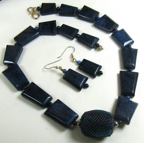 Blue Bead Necklace & Earrings in Dumarterite Gemstone Beads