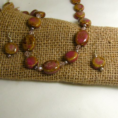 Handcrafted Tan and Rose Necklace and Earrings 
