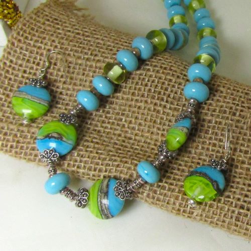 Handmade Lime and Aqua Lampwork Bead Necklace and Earrings