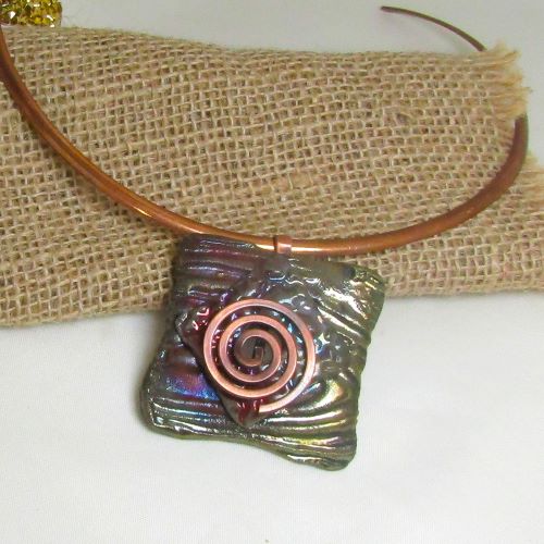 Choker Handmade Dark Green Raku Pendant Spiral Bail Copper Neck Wire 