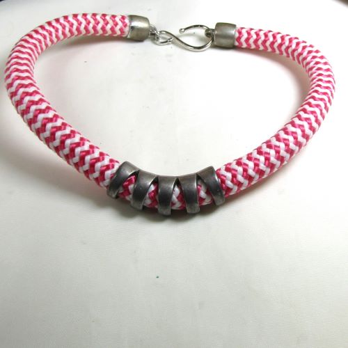 Candy Striped Cotton Rope Cord  Necklace Silver Accents