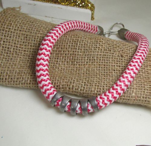 Candy Striped Cotton Rope Cord Necklace Silver Accents