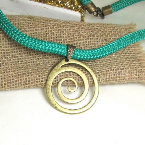 Green Cotton Climbing Cord Necklace with Antique Brass Pendant 