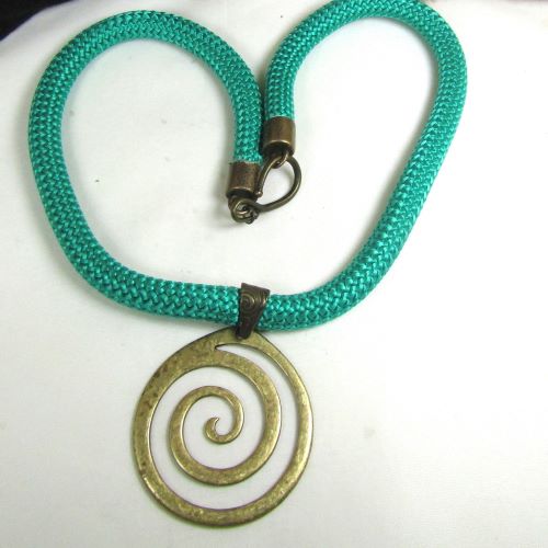 Green Cotton Climbing Cord  Necklace with Antique Brass Pendant