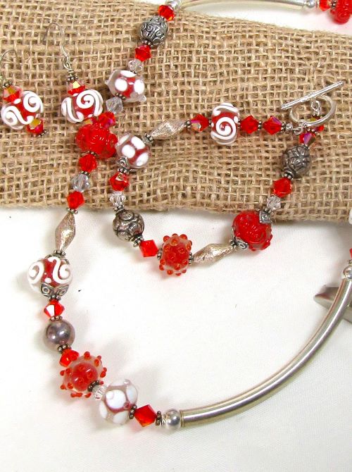 Red & White Beaded Necklace, Earrings and Bracelet