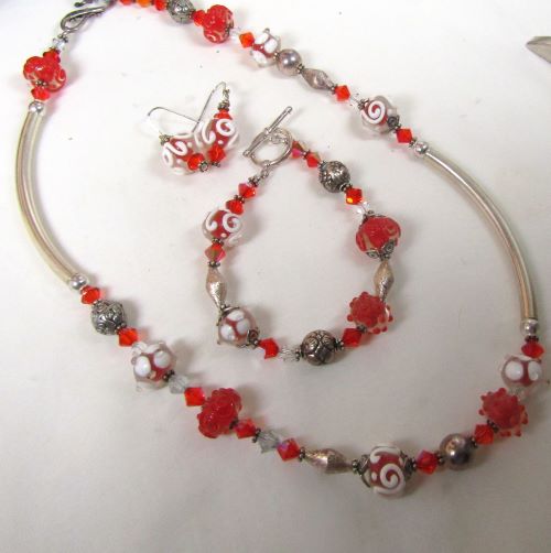 Red & White Beaded Necklace, Earrings and Bracelet Jewelry Set