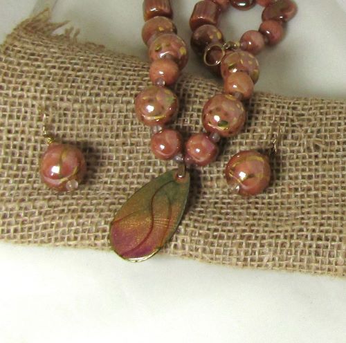 Kazuri Necklace and Earrings in Melon & Gold Kazuri Beads - VP's Jewelry