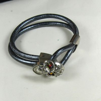 Grey Leather Cord Bracelet with Sparkly Skull