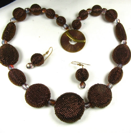 Brown Handmade Seed Bead Necklace & Earrings