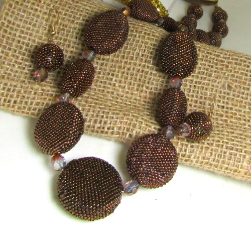 Brown Handmade Seed Bead Necklace & Earrings